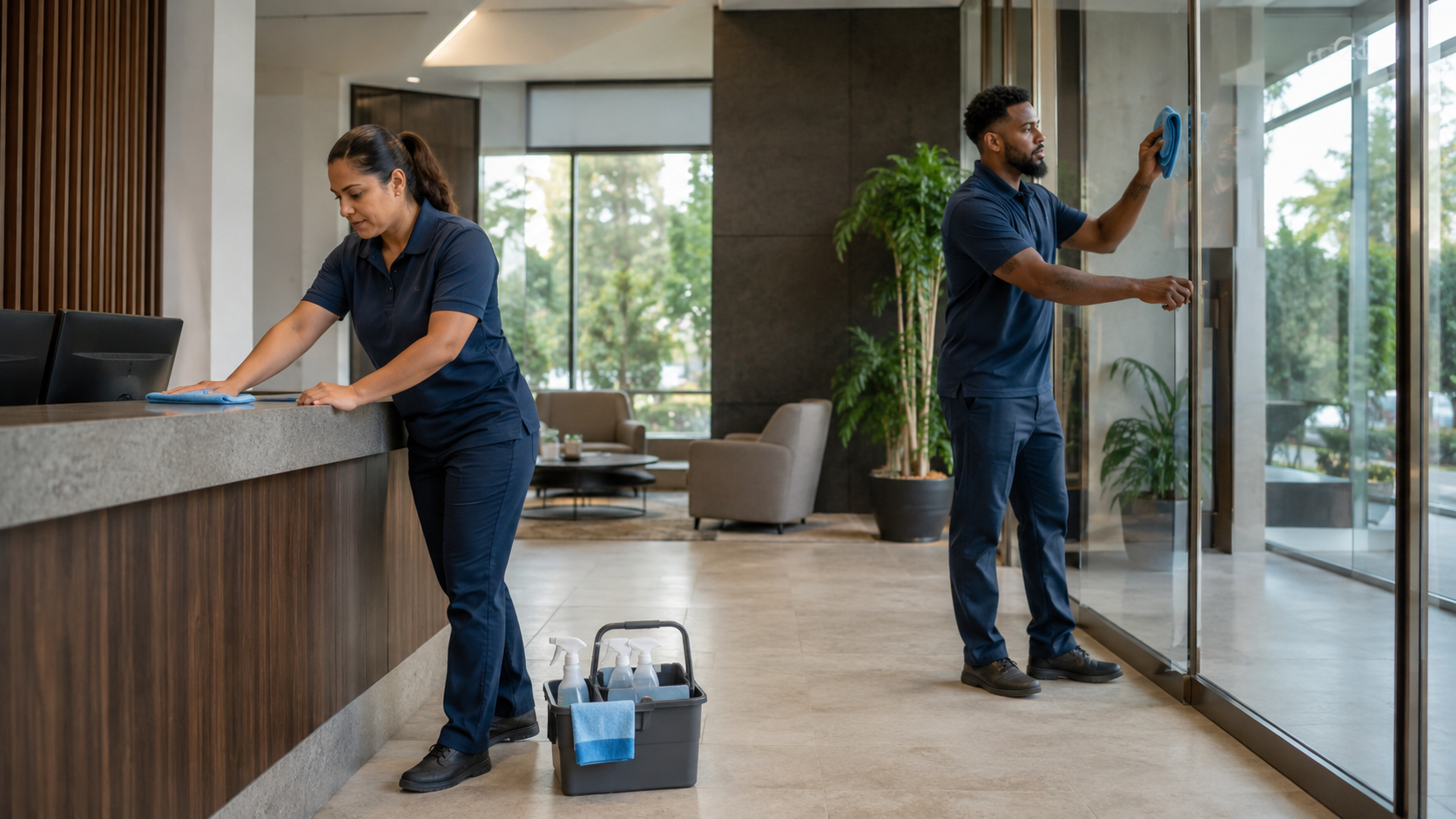 Commercial janitorial professionals maintaining a modern office lobby