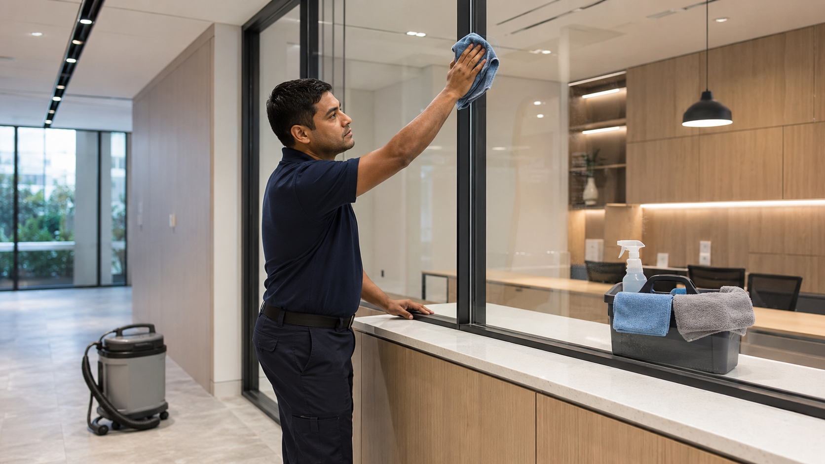 Professional completing a final clean in a finished commercial space